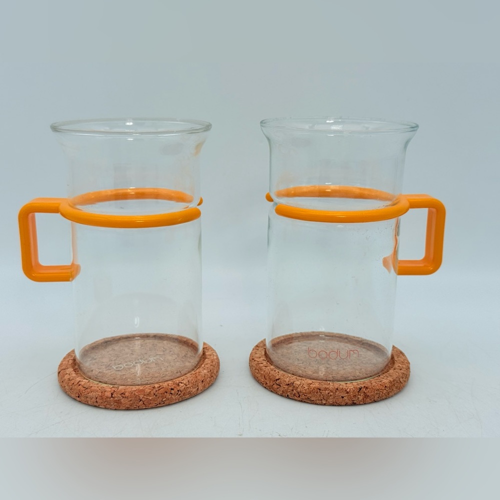 2x vintage tall yellow BODUM glass/plastic yellow combi coffee mugs coasters